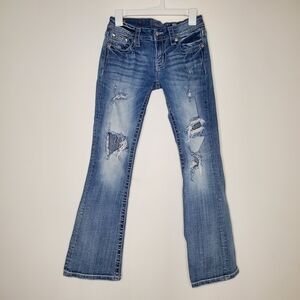 Miss Me Medium Blue Distressed Low Rise Signature Boot Cut Jeans